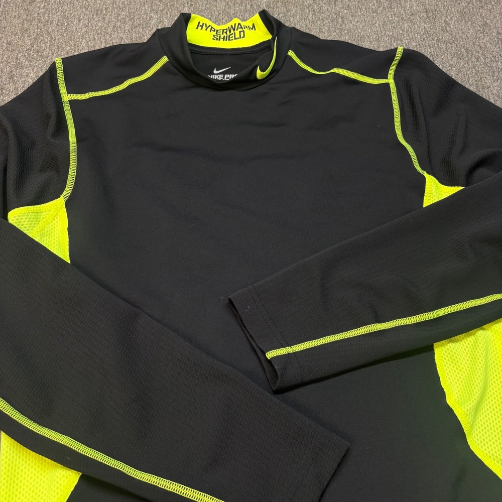 Nike Pro Combat Hyperwarm Shield Mock Neck Top Black Neon Yellow 479936-013 L